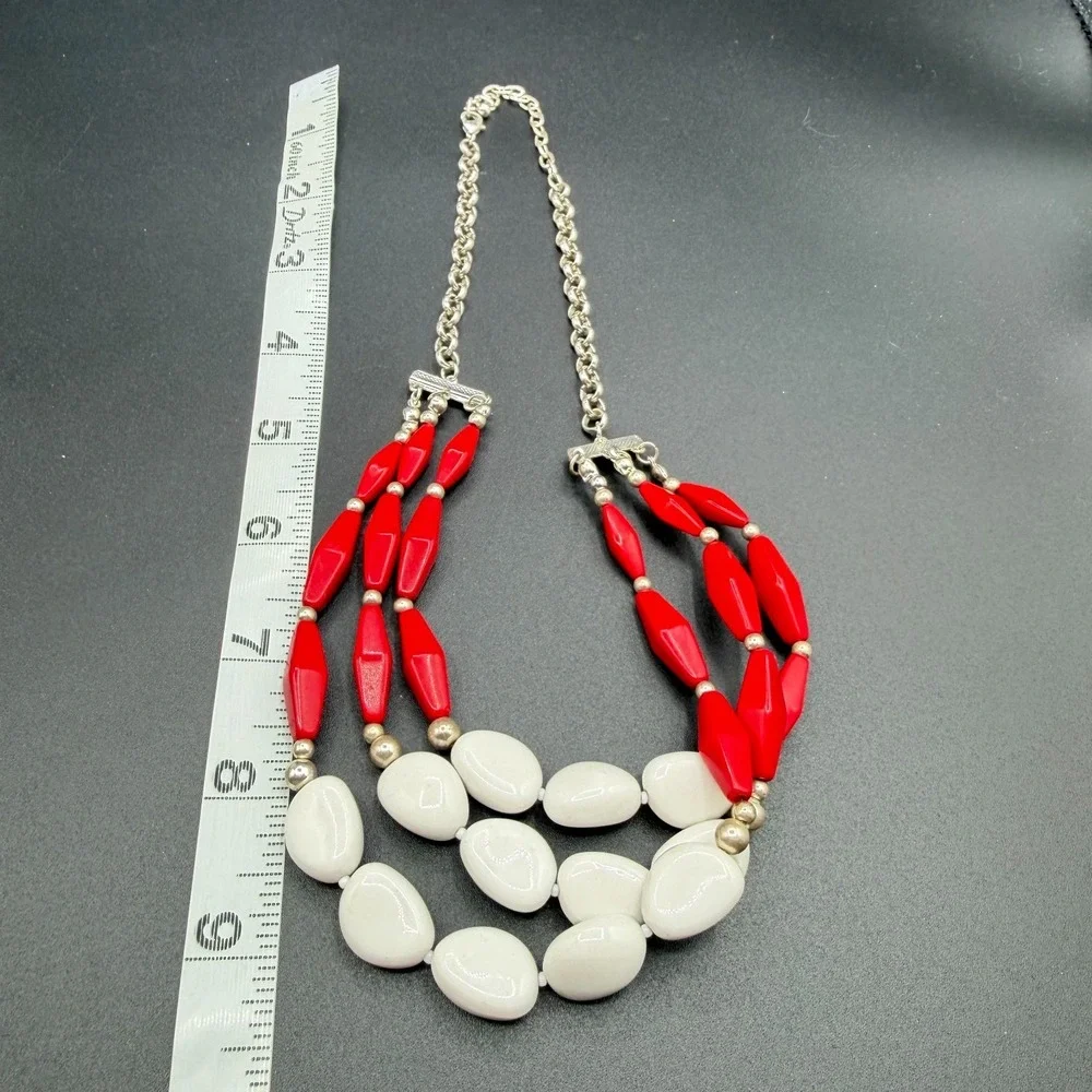 Red White Beaded Statement Necklace Silver Tone Triple Strand Chunky Boho Gift